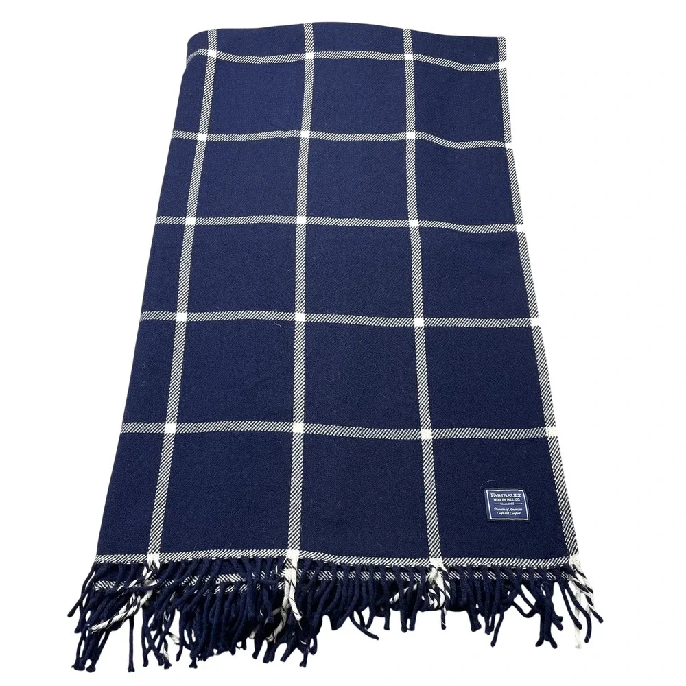 Faribault Woolen Mill‎ Co Wool Throw Blanket Non-Standard Blue Plaid Fringe USA